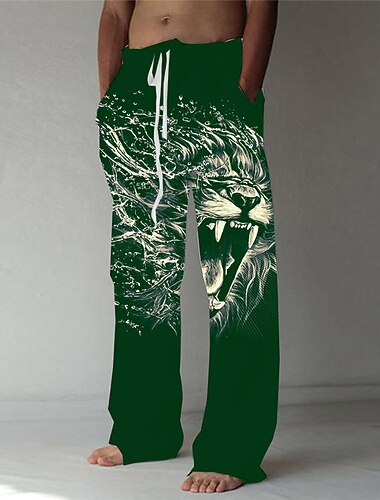  Voor heren Broek Zomerbroek Strandbroeken Elastisch ontwerp met trekkoord Voorvak Recht been dier Leeuw Grafische prints Comfort Zacht Casual Dagelijks Modieus Ontwerper Zwart Groen
