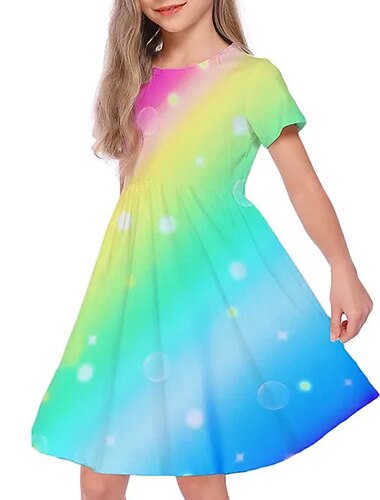  الفتيات 3D قوس قزح فستان كم قصير الصيف الربيع فضفاض بديع يوميا أطفال 3-12 سنة لباس غير رسمي فستان سوينج فستان شكل حرف A فوق الركبة عادي