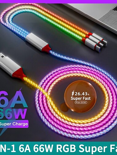  3-в-1 6a 66 Вт rgb кабель для сверхбыстрой зарядки type-c кабель для зарядного устройства micro usb поток крутая красочная светящаяся линия передачи данных для iphone android
