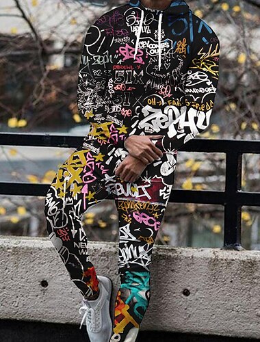  Hombre Graphic Letra Pintada 2 piezas Conjuntos de sudaderas 3D Sudadera Chándal Manga Larga Pantalones largos Con Capucha Moda Ropa de calle Casual Diario Deportes Noche Impresión 3D Primavera