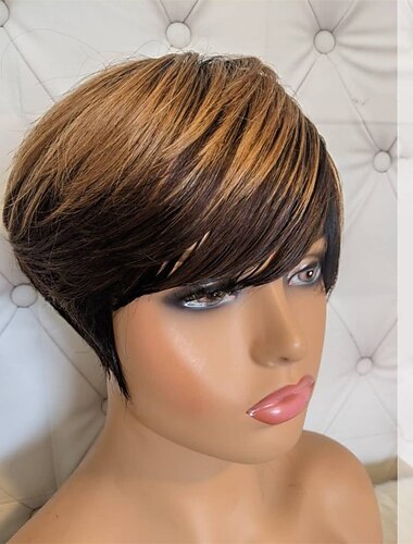  pixie cut peruker för svarta kvinnor människohår brasilianskt äkta människohår kort lager pixie peruker med lugg för kvinnor limlös ingen spets främre peruk afrikansk amerikansk hel maskintillverkad