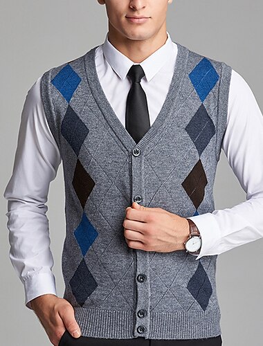  Herren Pullunder Kleid Pullover Wollpullover Gerippt Stricken Strick Button-Down Patchwork V Ausschnitt Moderne zeitgenössische Britisch Freizeitskleidung Ausgehen Bekleidung Ärmellos Frühling