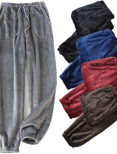  Hombre Ropa de salón Pantalones de pijama de franela Pijama Pantalones de Yoga (Lounge) Color puro Moda Sencillo Hogar Cama Poliéster Pantalón Cintura elástica Invierno Otoño Negro Azul Piscina