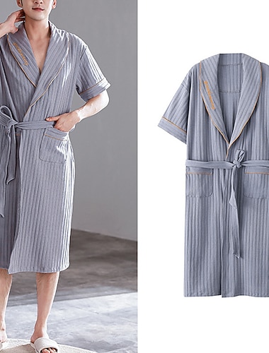  رجالي رداء - روب أرواب حمام رداء حمام رداء منشفة لون سادة موضة بسيط أساسي المنزل قطن راحة متنفس تغرق العنق رداء طويل جيب الحزام متضمن الصيف أزرق داكن رمادي غامق