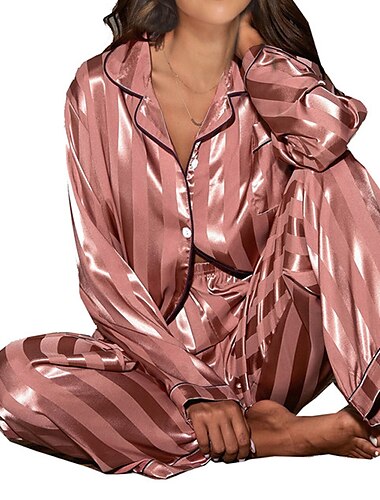  Mujer Pijamas Camisón Conjuntos Raya Sencillo Confort Suave Carnaval Navidad Nochevieja Satén Regalo Diseño Manga Larga Camisa Pantalón Botón Bolsillo Primavera Otoño Champaña Rosa