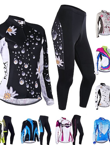  Nuckily Women's Long Sleeve Cycling Jersey with Tights Summer Black Floral Botanical Bike Clothing Suit Windproof Breathable Anatomic Design Reflective Strips Back Pocket Sports Polyester Lycra Floral