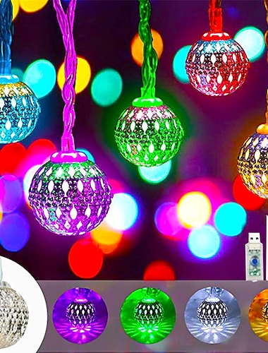  10M Lys Kjede Jern Marokko Ball Lampe Fe Globuslampe 16 Farge Endring Bytte Fjernkontroll Ferielys Kreativ Fest Ferie Dimming Timing USB Strømforsyning 1 sett
