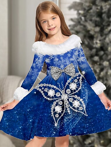  kinderkleidung Mädchen Kleid Schneeflockenkleid Tier Schmetterling Langarm Casual Pelzkragen Rundhalsausschnitt bezaubernd Täglich Polyester Übers Knie Casual kleid Schaukelkleid A Linie Kleid Herbst