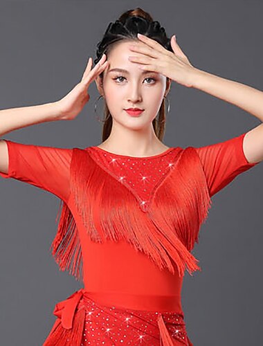  latin dans sällskapsdans topp fransad tofs rysande ren färg kvinnors prestationsträning kortärmad polyester