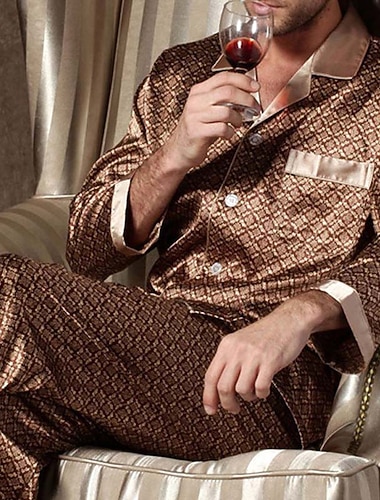  Ανδρικά Ρουχισμός Ύπνου Πιτζάμα Τοπ και Παντελόνι Μεταξωτή πιτζάμα 2 Κομμάτια Γραφικά Σχέδια Απλός Ανατομικό Σπίτι Καθημερινά Faux μετάξι Αναπνέει Πέτο Μακρυμάνικο Παντελόνι Τσέπη Καλοκαίρι Άνοιξη