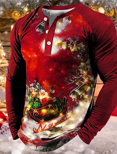  jul herre julenissen henley t-skjorte henley t-skjorte grafisk julenissen henley hav blå grønn svart blå lilla 3d-utskrift utendørs langermet patchwork button-down klær grunnleggende klær