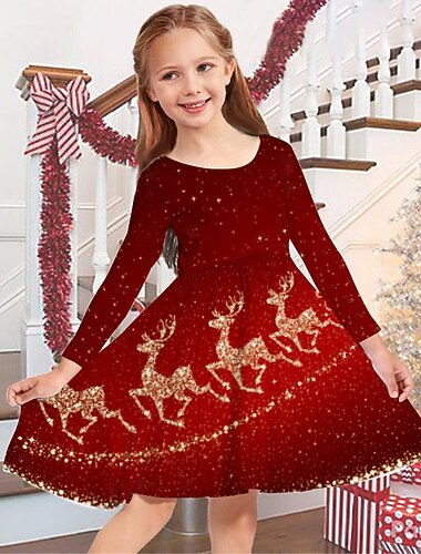 Barn Jente Julekjole Kjole Snowflake kjole Dyr Hver Langermet Julegaver Avslappet Crewneck Bedårende Daglig Polyester Ovenfor knéet Uformell kjole Swingkjole Kjole med A-linje Høst Vinter 3-10 år Vin
