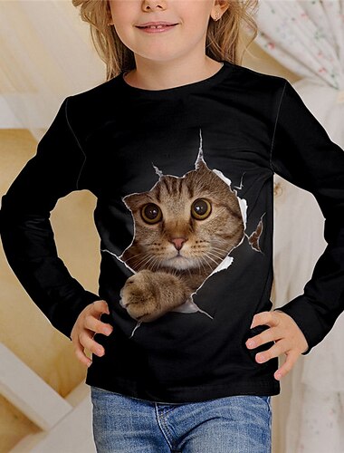  Copii Fete Tricou Animal Casual printare 3d Manșon Lung Crewneck Drăguţ 7-13 ani Toamnă Negru Alb Ivoriu
