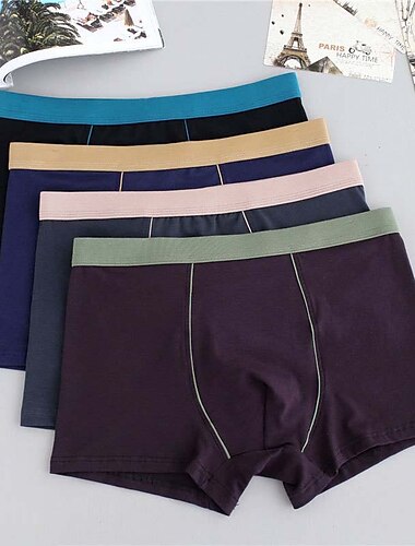  男性用 4パック ボクサーブリーフ 下着 ベーシックパンティー ボクサー ポリ＆コットン混 高通気性 ソフト カラーブロック ミディアムウエスト ブラック ルビーレッド