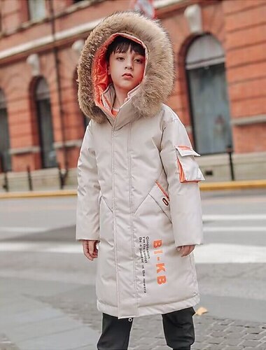  Niños Chico Plumón Ropa de calle Letra Manga Larga Abrigo Exterior Fresco Negro Amarillo Vino Invierno Otoño 7-13 años