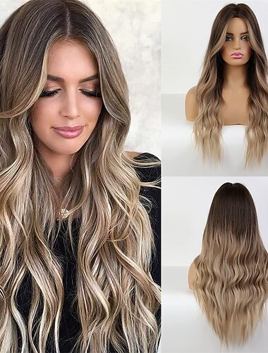  Perucas castanhas claras onduladas e onduladas para mulheres perucas femininas de divisão média perucas de 24 polegadas para mulheres perucas sintéticas de aparência naturalespelucas de cabello