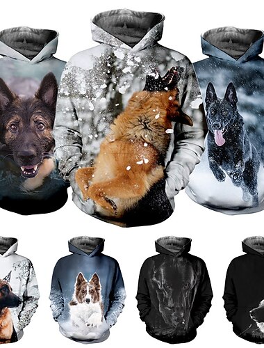  kinderkleidung Jungen Kapuzenshirt Pullover Tier Hund Langarm Tasche Kinder oben Casual 3D-Druck Kapuzenshirt Cool Täglich Schwarz Marineblau Blau Herbst 7-13 Jahre