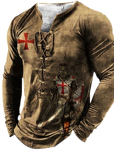  Męskie Podkoszulek Koszulki Graficzny Krzyż templariuszy Henley Czarny Jasnobrązowy Brązowy Ciemnoszary Druk 3D Knight Puszysta Na zewnątrz Ulica Długi rękaw Wiązanie Nadruk Odzież Designerskie