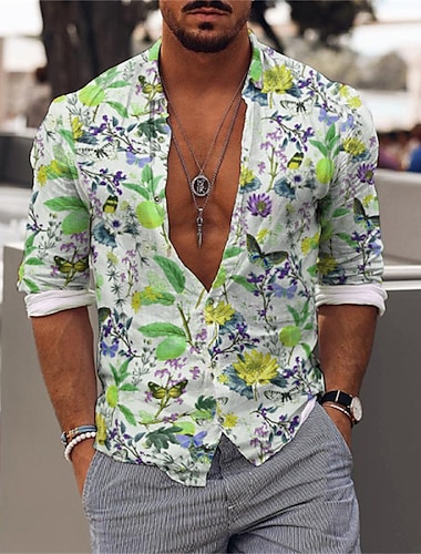  Herren Blumen Hemd Langarm Sport Modisch Designer Täglich Festtage Frühling Sommer Umlegekragen Bedruckt Button-Down Weiß Rosa Blau Purpur Grün