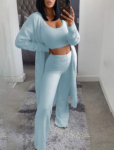  Women's Loungewear Sets Fluffy Fuzzy Sweatsuit 3 Pieces Pajama Pure Color Warm Fashion Simple Party Home Street Fleece Crew Neck Sleeveless Crop Top Pant Elastic Waist Winter Fall Black Camel