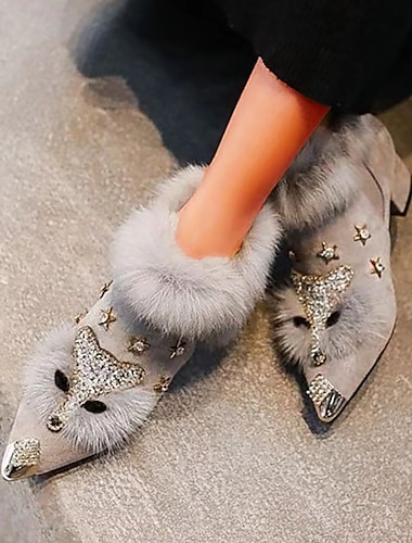  Botines de mujer de punta puntiaguda con ribete de piel gris, adornos de zorro y estrella con diamantes de imitación y tacones gruesos