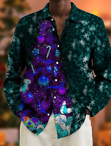  jul herre juletre trykte skjorter jul, grafiske skjorter tre print turndown lilla svart grønn gul vin 3d street langermet knapp uformell brun bomull button-down