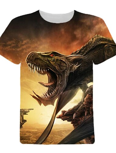  Infantil Para Meninos Camisa T Animal Dinossauro Manga Curta Crewneck Top infantil Casual Impressão 3D Legal Diário Verão Vinho 3-12 anos