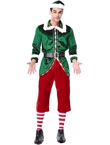  Kerstman Elf Outfits Voor heren Kerstmis Cosplay Kostuum Volwassenen Kerstmis kerstavond Kerstmis Feest Top Broeken Riem Sokken Hoed
