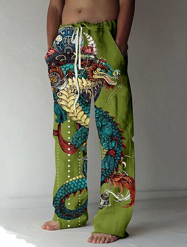  Voor heren Broek Zomerbroek Strandbroeken Trekkoord Elastische taille Voorvak Draak Grafische prints Comfort Zacht Casual Dagelijks Modieus Ontwerper Wit Groen