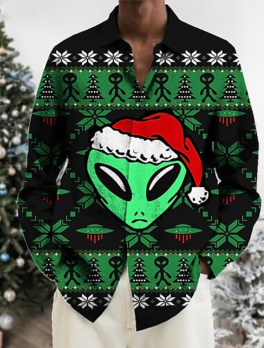  クリスマス メンズ クリスマス シーン プリント シャツ シャツ サンタクロース ヘラジカ ターンダウン グリーン ブルー ホワイト+グレー ダスティ ブルー レッド 3D プリント アウトドア 長袖 ボタンダウン プリント 衣類 アパレル ファッション デザイナー