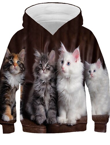  Bambino Da ragazza Felpa con cappuccio Gatto Informale Manica lunga Attivo Cotone 7-13 anni Autunno Multicolore Nero Bianco