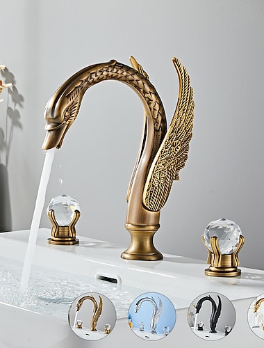  wijdverspreide badkamer wastafel mengkraan zwaanvorm, vintage messing 3-gats 2-greeps wastafelkraan op het dek gemonteerd, wasruimte wastafel vat waterkraan met warme en koude slang