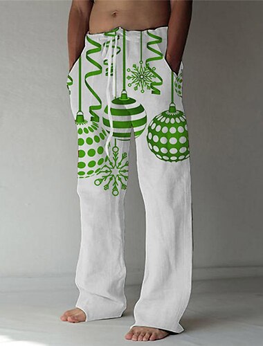  Natal Homens Lanternas Calças Cintura elástica com cordão Casual Traje de festa para noite festa de Natal Roupa de Praia Calças de perna reta Impressão 3D Branco Azul Verde