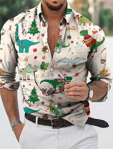  jul herre julescene trykte skjorter skjorter dyr dinosaur grafiske utskrifter turndown grønn beige hvit 3d print street lange ermer button-down print klær klær mote designer casual