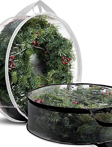  jouluseppeleen säilytyspussi 24 tuumaa - kirkasta pvc-muovia kaikille näkyville kestävä muovikangas kaksoisvetoketjullinen laukku keinotekoisille jouluseppeleille, 2 ommelvahvistettua kangaskahvaa