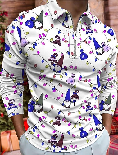  jul herre julelys 3d glidelås polo xmas golf julenissen grafiske trykk turndown rød blå 3d print gate lange armer glidelås print klær klær mote designer casual