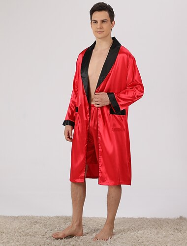  Hombre Talla Grande Túnica Bata de seda Batas Kimono de seda 2 Piezas Olas Sencillo Confort Hogar Diario Seda sintética Poliéster Regalo Diseño Manga Larga Top de bata Bermudas Bolsillo Ajustable
