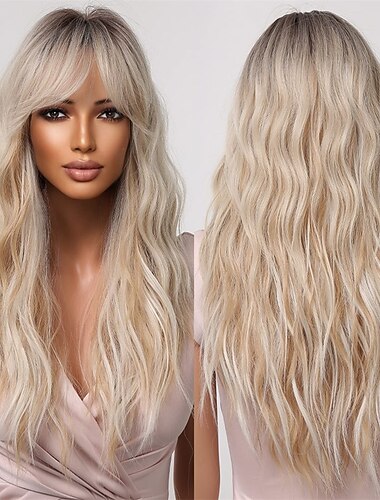  Allbell loira peruca platinada para mulheres cabelo sintético encaracolado longo com franja perucas onduladas com raízes escuras perucas barbiecore