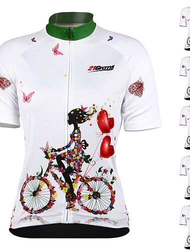  Damen Radtrikot Gemustert Blumenmuster Blume Kurzarm Fahhrad Trikot Oberteil mit 3 Gesäßtaschen Mountainbike MTB Straßenradsport Schnelltrocknend Anatomisches Design UV-beständig Frontreißverschluss