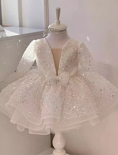  kinderkleidung Mädchen Blumenmädchen Kleid Party Kleid Pailletten Langarm Leistung Hochzeit Jahrestag bezaubernd Prinzessin Baumwolle Übers Knie abendkleider A Linie Kleid Blumenmädchenkleid Herbst