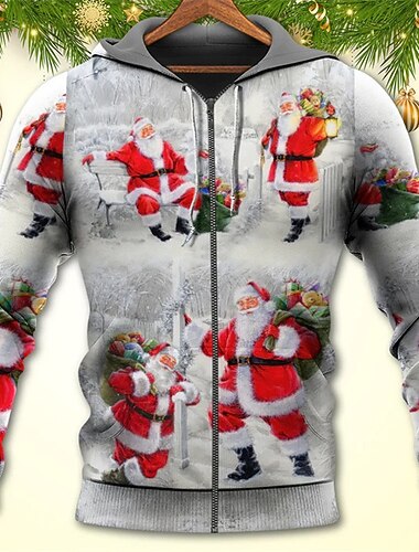  natal masculino papai noel 3d hoodies jaqueta com zíper completo azul roxo cinza escuro cinza com capuz papai noel estampas gráficas impressão com zíper feio esportes&amp;ao ar livre diariamente