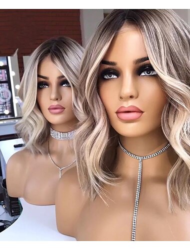  Pelucas de cabello humano brasileño virginal rubio ceniza 13x4 con encaje frontal pre-arrancado onda del cuerpo corto bob color destacado peluca frontal de encaje para mujeres