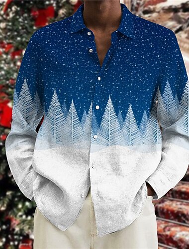  クリスマス メンズ クリスマス シーン プリント シャツ シャツ ツリー グラフィック プリント ターンダウン ブラック ブルー 3D プリント ストリート 長袖 ボタンダウン プリント 衣類 アパレル ファッション デザイナー カジュアル