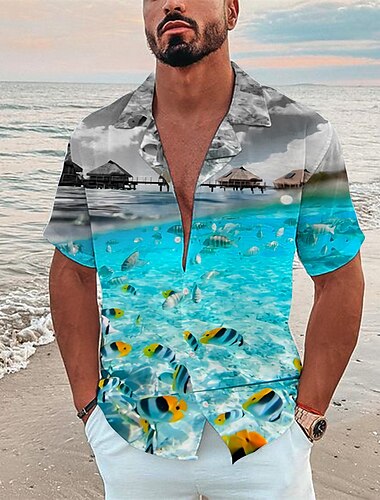  Herren Landschaft Tropisch Fische Hemd Hawaiihemd Sommerhemd Camp-Shirt Kurzarm Hemd Umlegekragen Modisch Hawaiianisch Designer Outdoor Strasse Casual Schwarz Marineblau Königsblau 3D-Druck S M L