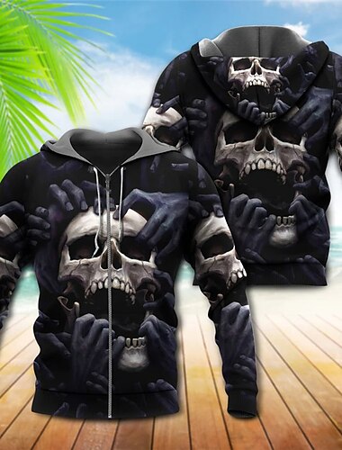  Hombre Cráneos Estampados Sudadera Sudaderas Sudadera con capucha y cremallera completa Manga Larga Sudadera con capucha Con Capucha Ropa de calle Impresión 3D Deporte Diario Deportes Negro
