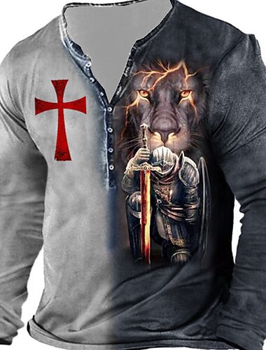  Voor heren Grafisch Tempelierskruis Kruis T-shirt Henley-shirt T-shirts Lange mouw 3D-afdrukken Ontwerper Basic Klassiek Buiten Dagelijks Sport Lente zomer Geel blauw Paars Grijs Henley Henley-T-shirt