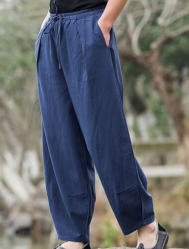  Herren Leinenhose Hose Hosen Sommerhosen Pumphose Schlabberhose Tasche Elastische Taille Glatt Atmungsaktiv Casual Täglich Strassenmode Ethnischer Stil Schwarz Marineblau Unelastisch