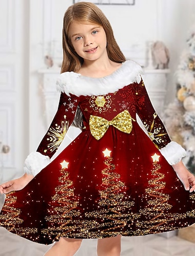  Barn Jente Julekjole Kjole Snowflake kjole Langermet Avslappet Pelskanter Crewneck Bedårende Daglig Polyester Ovenfor knéet Uformell kjole Swingkjole Kjole med A-linje Høst Vinter 2-13 år Vin Rød