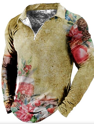  jul herre julescene 3d glidelås polo golf blomster grafiske trykk turndown gul rosa vin grønn grå 3d print street casual langermet glidelås print klær klær mote designer casual