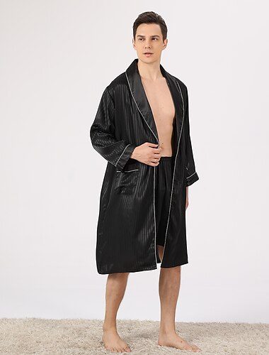  Herren Übergröße Morgenmantel Seidenrobe Kimono aus Seide Sets 2 Stück Wellen Einfach Komfort Heim Täglich Kunstseide Polyester Geschenk Kargen Langarm Robe Top Kurze Hosen Tasche Einstellbar Gürtel